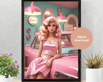 Barbie-Retro Barbie Poster-Wall Print-Digital Download-Preppy Pink Prints-Barbie Doll Art-Vintage Doll Art-Y2K Aesthetic-Girly Art Barbie