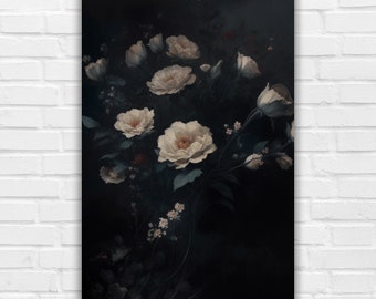 Stimmungsvolle weiße Blumen Kunstdruck: Dark Academia Wanddekoration (Digitaler Download)
