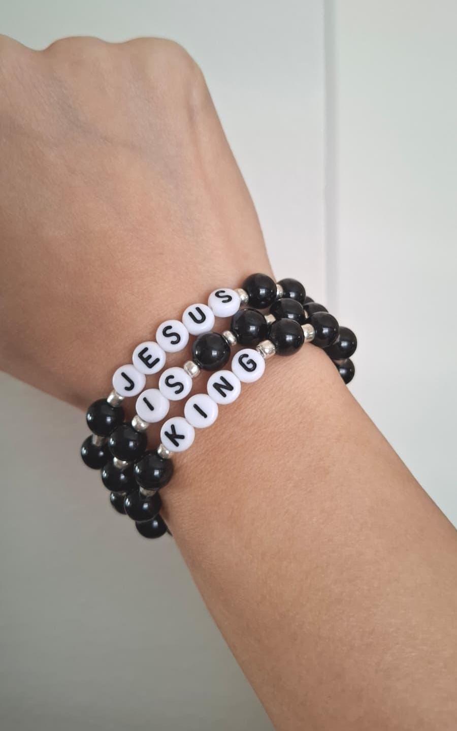 アクセサリー Personal Jesus onyx bracelet. JESUS IS KING Onyx Gemstone Bead Bracelet: Black, Letters, Stacks