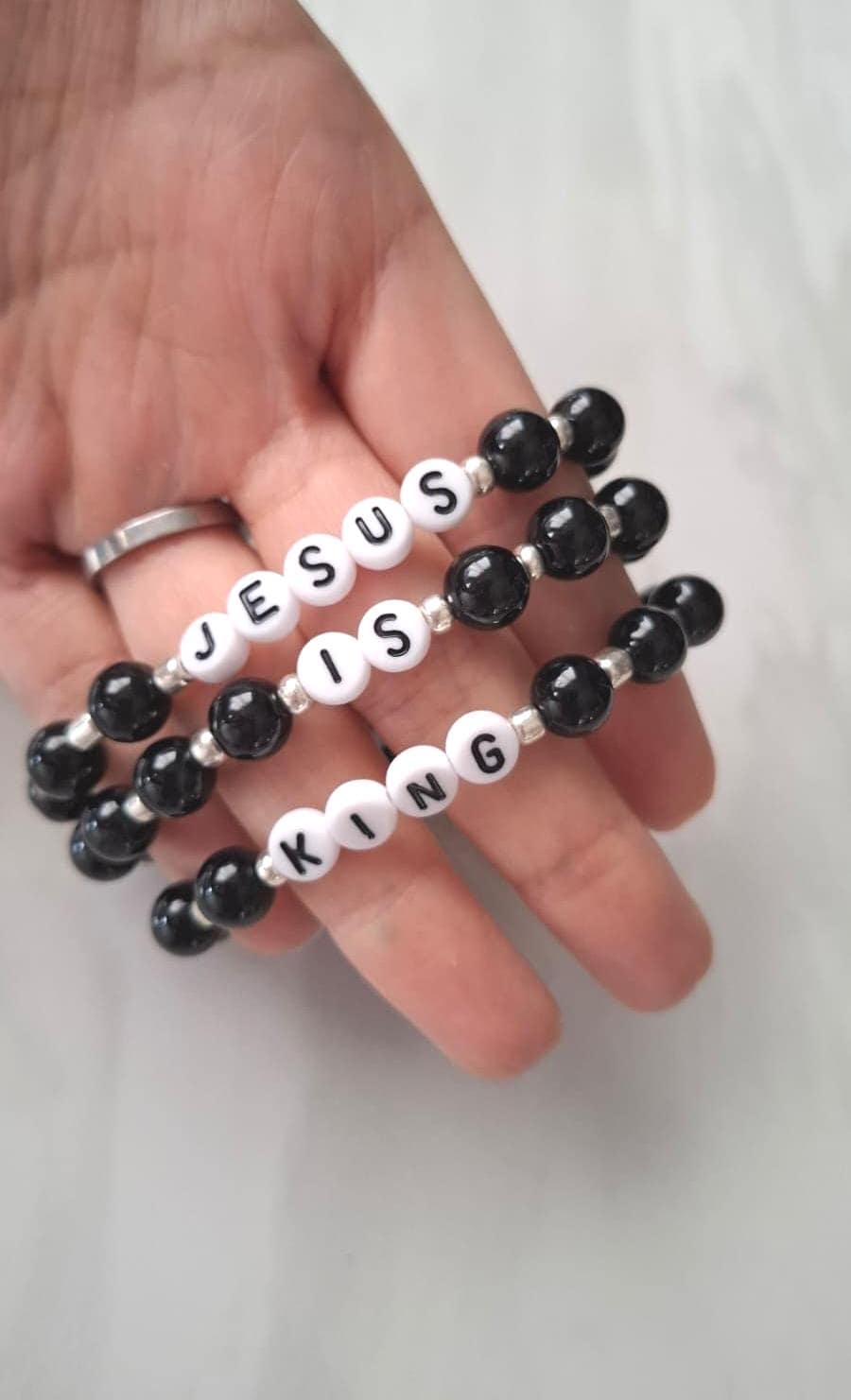 JESUS IS KING Onyx Gemstone Bead Bracelet: Black, Letters, Stacks