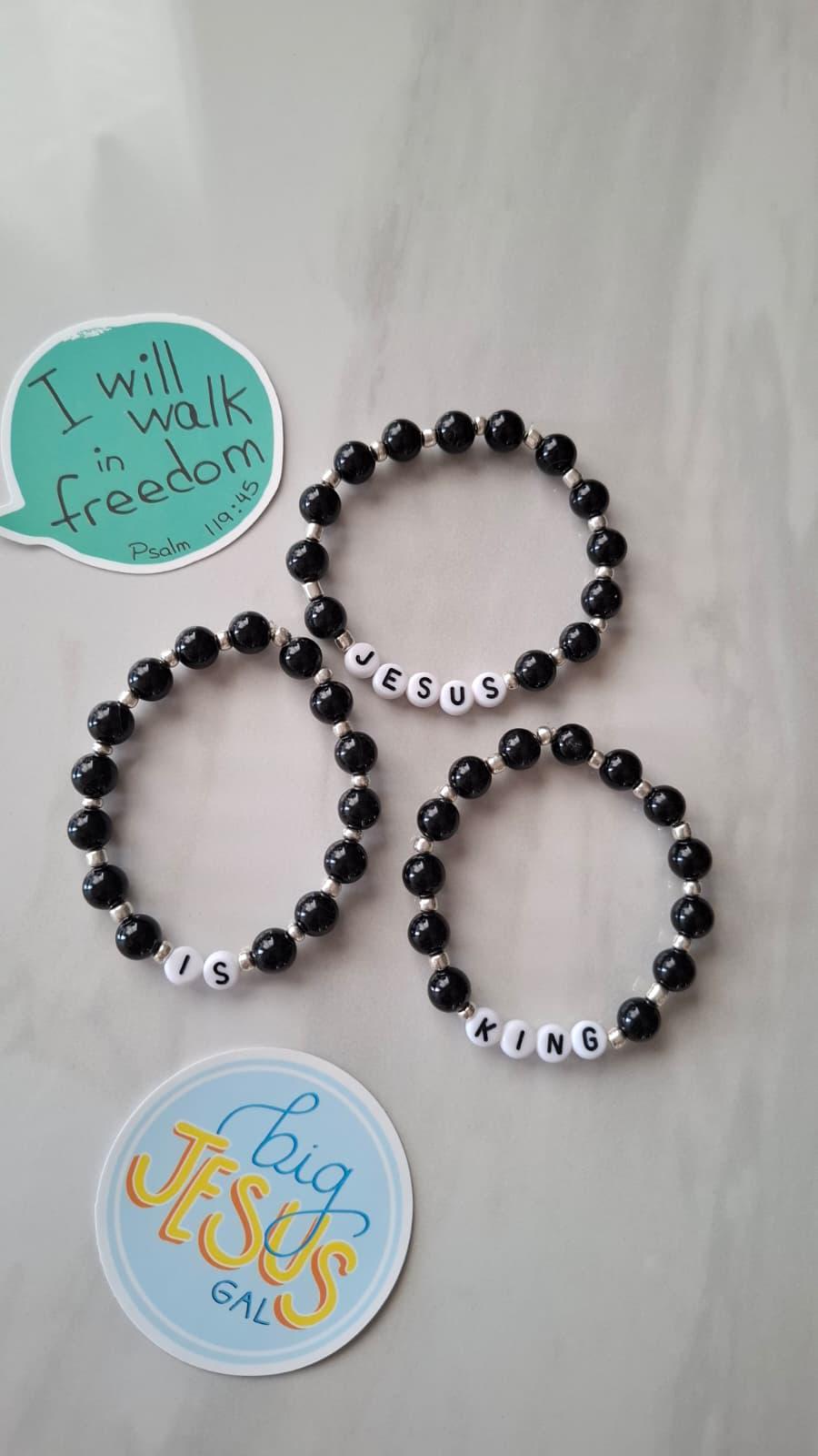 JESUS IS KING Onyx Gemstone Bead Bracelet: Black, Letters, Stacks