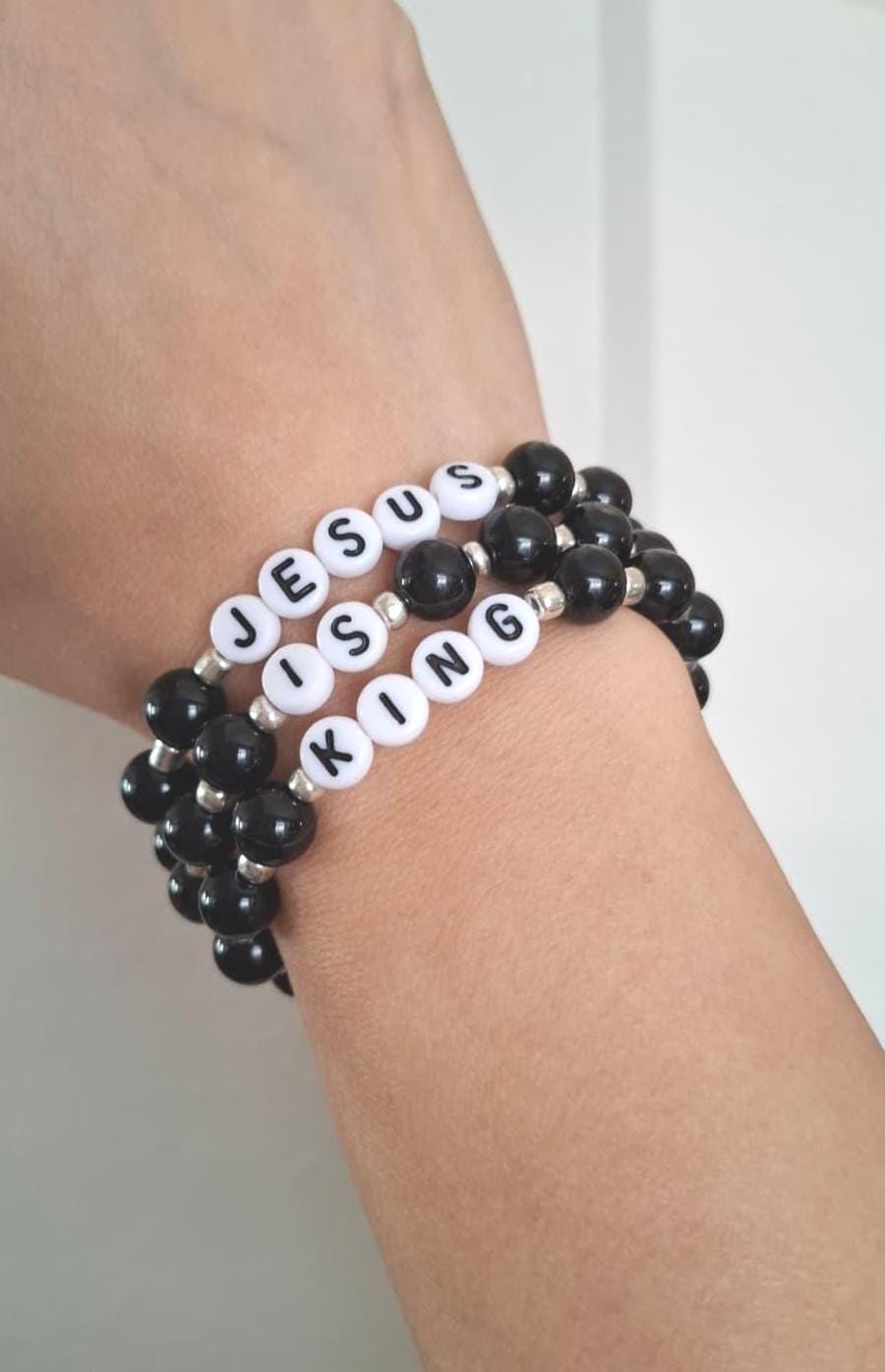 アクセサリー Personal Jesus onyx bracelet. JESUS IS KING Onyx Gemstone Bead Bracelet: Black, Letters, Stacks