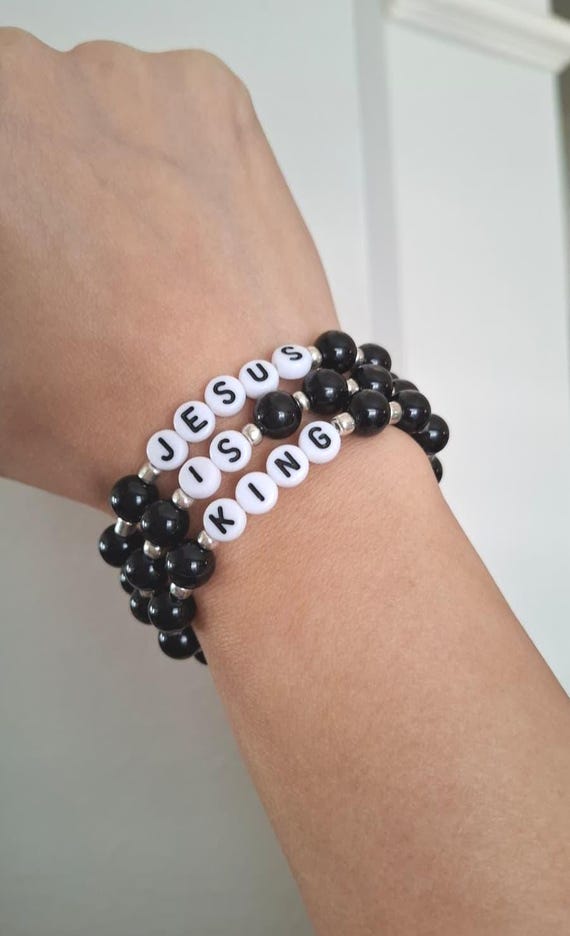 JESUS IS KING Onyx Gemstone Bead Bracelet: Black, Letters, Stacks