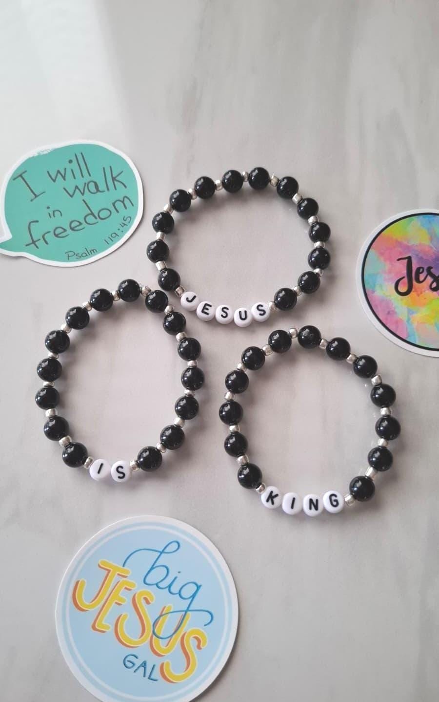 JESUS IS KING Onyx Gemstone Bead Bracelet: Black, Letters, Stacks