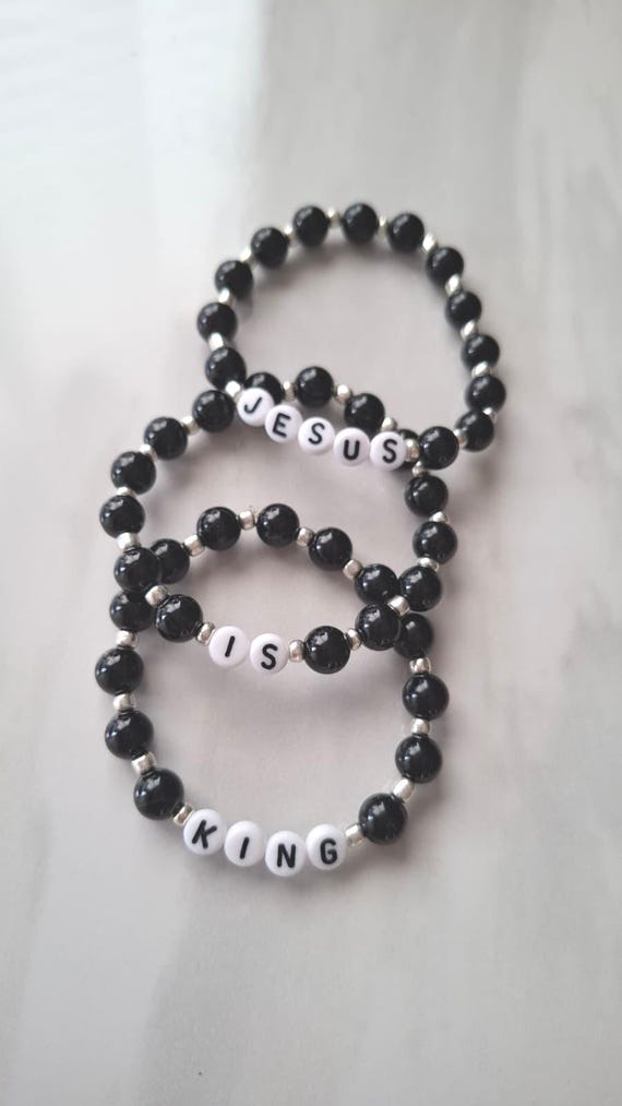 JESUS IS KING Onyx Gemstone Bead Bracelet: Black, Letters, Stacks