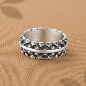 Japanese Pattern Mens Ring, 925 Sterling Silver Band, Geometric Samurai Style Ring For Men, Wedding Band, Gift For Him.