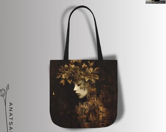 Romantic Figurative Canvas Tote - Valyria&#39;s Tote Bag in Yellow & Black | Artful Double Sided Design