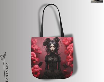 Gothic Poppy Tote Bag – Dark Romantic Art Bag with Ravens – Gothic Doll Floral Tote – Crimson Black Double-Side Tote – Witchy Aesthetic Gift