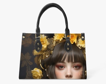 Lilith's Garland Tote, Yellow And Black Floral Romantic Fantasy Illustration, Girl With Flowers Crown Theme, All Over Print, Long Strap