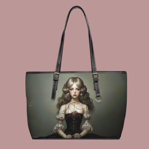 Erelynn’s Nightshade Tote – Gothic Doll Art Umhängetasche – Vegan Leder Dunkle Florale Handtasche – Doppelseitige Fantasy Portrait Geldbörse