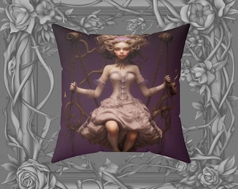 Floral Faux Suede Pillow: Rococo Girl on Swing, Double-Sided Art Cushion