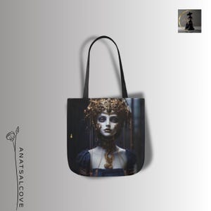Romantyczna torba płócienna Dark Queen | Artystycznie nadrukowana dwustronna torba w kolorze niebieskim i złotym | Gotycka fantastyka naukowa