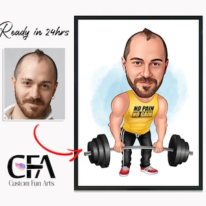Portrait personnalisé de caricature d'haltérophile de sport masculin | Dessin animé personnalisé pour père ou petit ami | Caricature de dessin animé de remise en forme