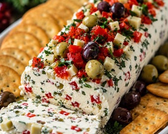 Festive Holiday Antipasto Cream Cheese Log - Printable Recipe PDF