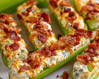 Cheddar Bacon Ranch Stuffed Celery Recipe | Easy Low Carb Appetizer (PDF)