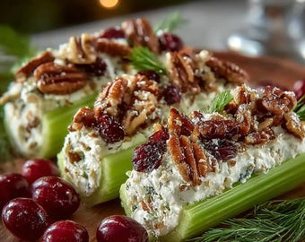 Receta de apio relleno de queso crema con arándanos y nueces pecanas / Aperitivo festivo sin horno (PDF)