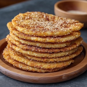 May include: A stack of golden-brown, round flatbreads, generously sprinkled with sesame seeds. The flatbreads are stacked on a wooden plate, with a small wooden bowl in the background. The food appears to be freshly baked and ready to eat.
