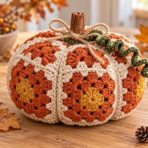 Op de afbeelding: Een decoratieve pompoen gemaakt van gehaakte granny squares in tinten oranje, geel en crème. De pompoen heeft een steel van een kaneelstokje, vastgebonden met een dun touwtje van jute, en een groene gehaakte krullende rank.