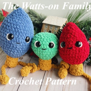 The Watts-on Family Pattern - 3 in 1 Crochet Christmas Pattern, low-sew, Christmas lights, string of Christmas lights, crochet pattern