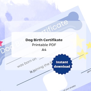 Geboorteakte hond | Digitale download, afdrukbare PDF, nieuw puppycadeau, huisdiereigenaarcadeau, afdrukbaar huisdiercertificaat, hondoudercadeau