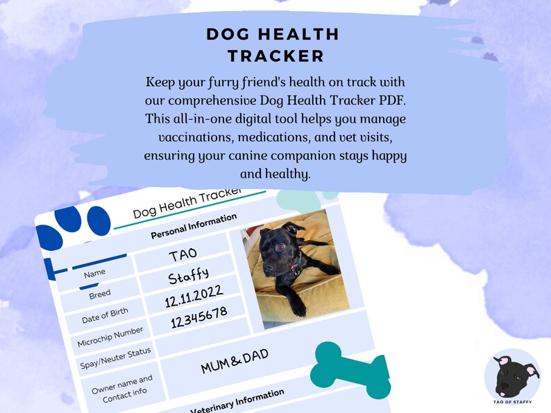 May include: A printable dog health tracker PDF with a black and white illustration of a dog paw print. The tracker includes sections for personal information, such as name, breed, date of birth, microchip number, spay/neuter status, and owner contact information. It also includes a section for veterinary information.