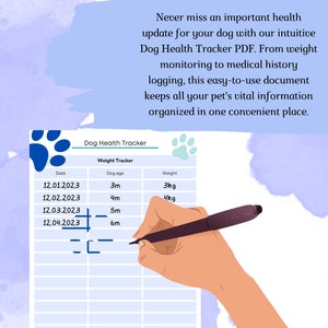 May include: A printable dog health tracker PDF with a paw print graphic. The tracker includes sections for date, dog age, and weight. A hand is writing on the tracker with a black pen.