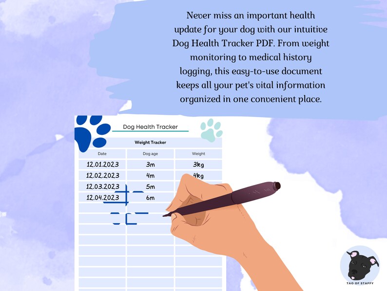 May include: A printable dog health tracker PDF with a paw print graphic. The tracker includes sections for date, dog age, and weight. A hand is writing on the tracker with a black pen.