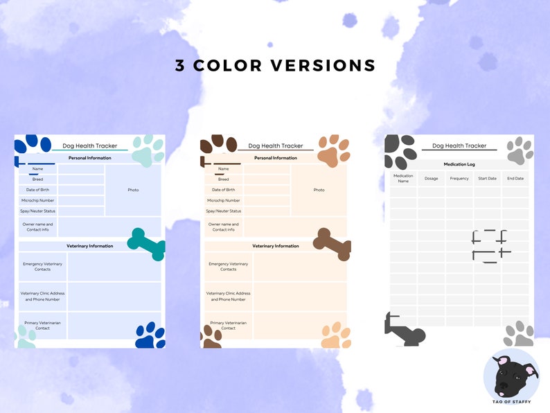 May include: Three printable dog health tracker templates in blue, brown, and gray color schemes. Each template includes sections for personal information, veterinary information, and a medication log.