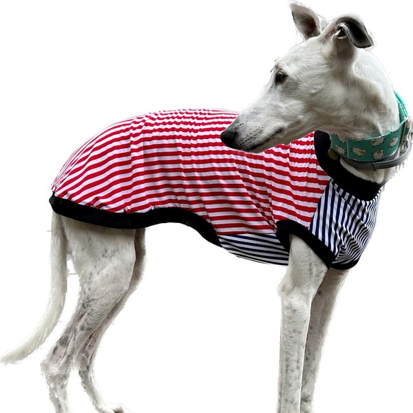 Stretch t-shirt vest for sighthounds eg Greyhounds, whippets, iggys. Can be adapted for other breeds.