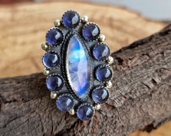 Moonstone Blue Iolite Ring, 925 Sterling Silver Ring, Handmade Vintage Jewelry, Statement Ring, Multi Stones Ring, Anniversary Ring