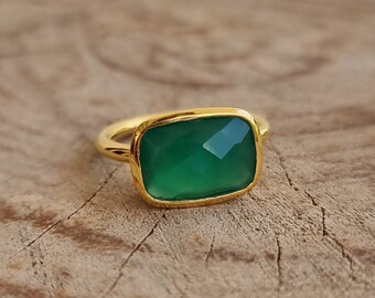Natural Green Onyx Ring, 925 Silver, Handmade Gemstone Ring, Cocktail Ring, 14k Gold Statement Ring , Handcrafted Jewelry, Unisex Ring