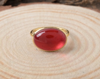 Anello in oro 18k con rubino, anello importante, splendido anello cabochon con rubino rosso ciliegia, regalo di nozze unico per lei, regali di San Valentino