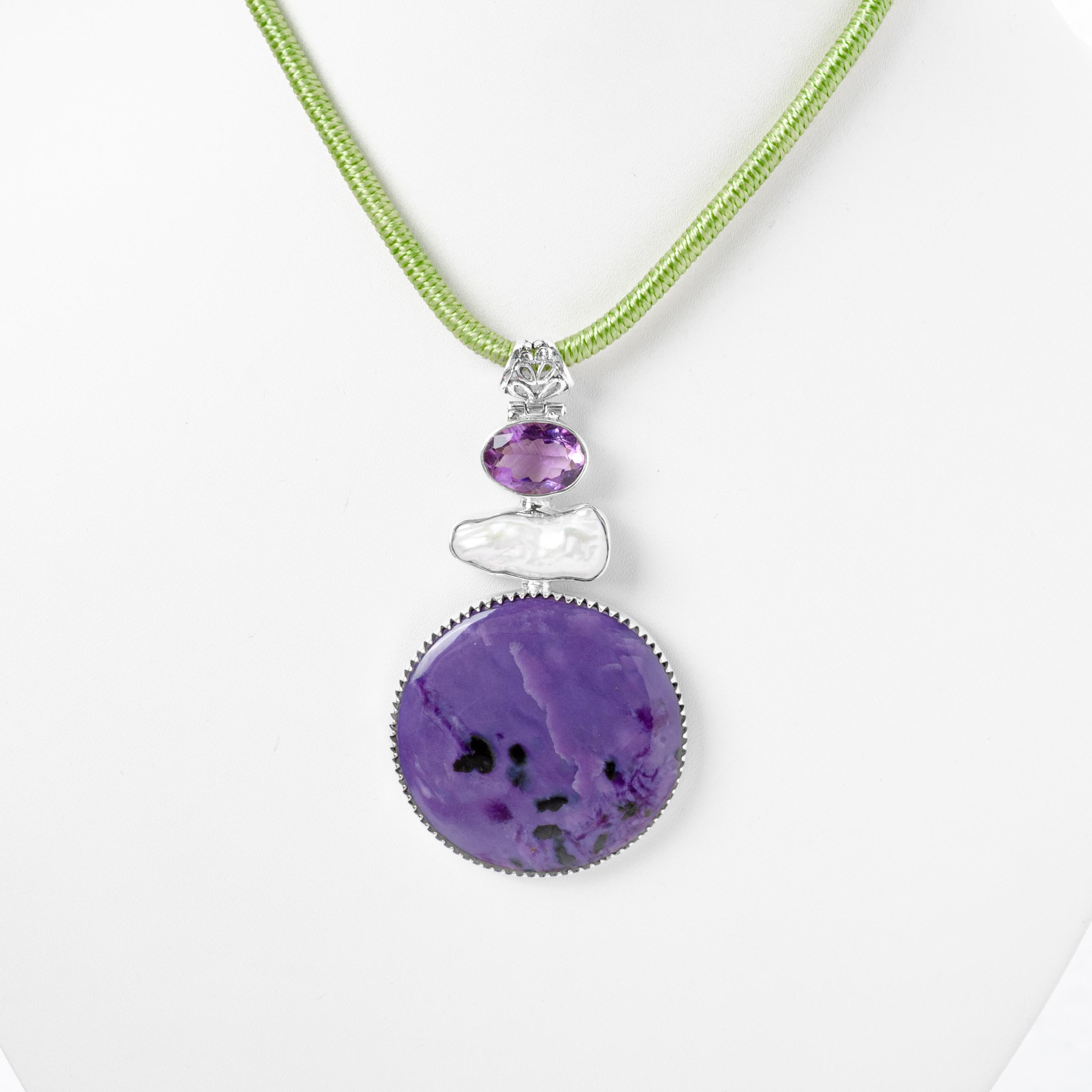 Charoite Sterling Silver Pendant, Natural, Charoite, Boho Hippie