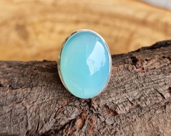 Natural Blue Chalcedony Ring, Boho 925 Sterling Silver Ring, Statement Gemstone Unisex Ring, Wedding Ring, Fathers day gift, Gift for him