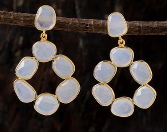 Genuine Lavender Chalcedony Faceted Earrings, Long dangle drops, Gold chalcedony Earrings, Chalcedony Earrings, Gift for her