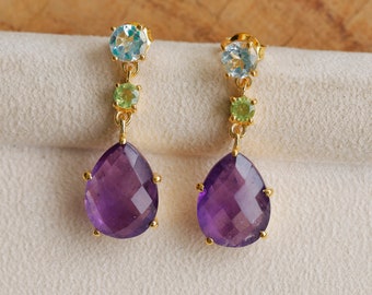 Natural Amethyst, Peridot, Blue Topaz, Hanging Earrings, Multi Gemstone Earrings, Wedding gift, Anniversary Gift, 18k Gold Plated Earring