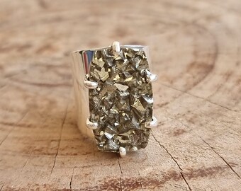 Pyrite Druzy Ring, 925 Sterling Silver Ring, Handmade  Rough Gemstone Ring, Statement Unisex Silver Jewelry Ring , Healing Crystal Ring