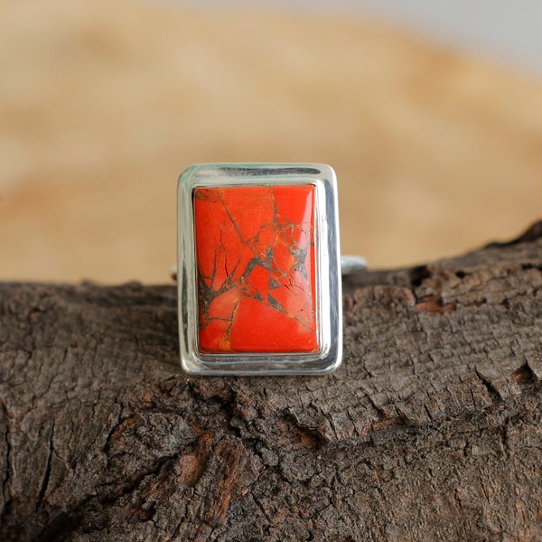 925 Sterling Silver Red Copper Turquoise Ring For Men Women, Handmade Rectangle Bar Gemstone Ring