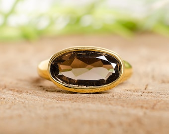 Anello impilabile in quarzo fumé naturale per donna, anello con castone in quarzo fumé, regalo per lei, anello in quarzo fumé, anello in oro 14k, regali di San Valentino