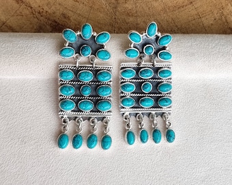 Turquoise Earrings Cluster Jewelry gift for her, Statement Silver Dangle Earrings Wedding gift for her birthday gift, valentine gifts