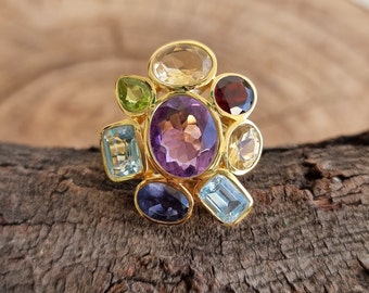 Natural Multi Gemstone Statement Ring, Citrine, Green onyx, Amethyst Wedding Ring - 925 Sterling Silver Ring, Gift for her, Engagement ring