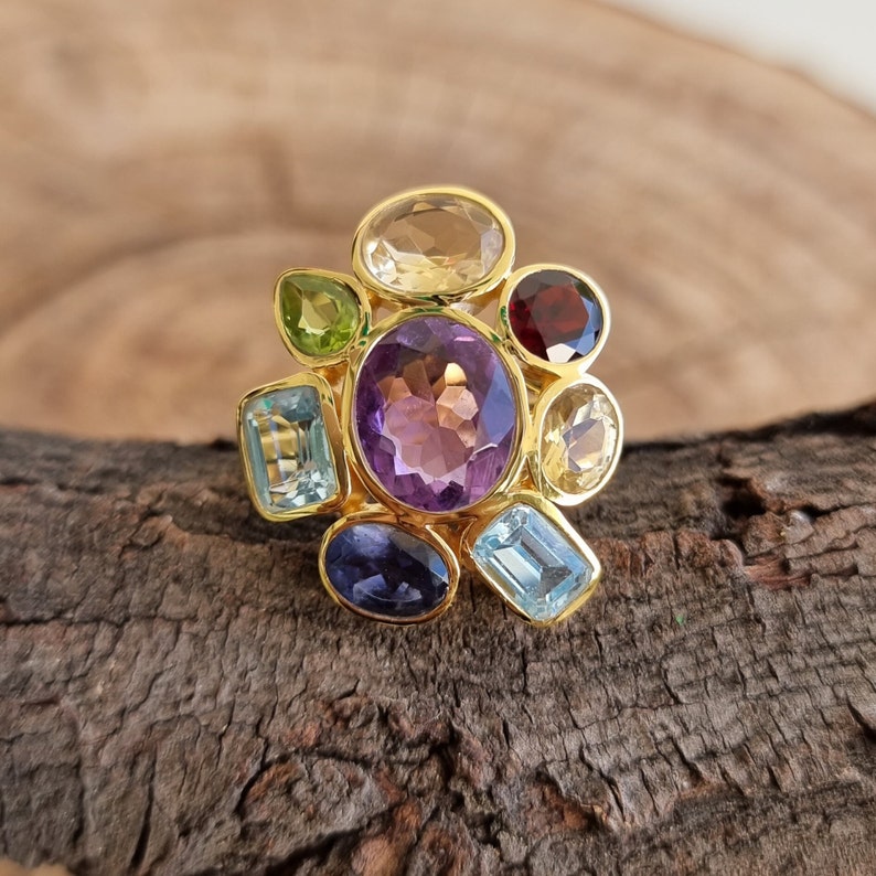 Natural Multi Gemstone Statement Ring, Citrine, Green onyx, Amethyst Wedding Ring 925 Sterling Silver Ring, Gift for her, Engagement ring Multi gemstone