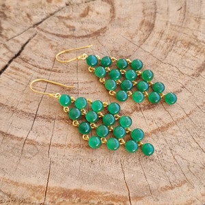 Dainty Silver Earrings with Green Onyx - 18k Gold Plated Sterling Silver Drops, Handcrafted Onyx Drop Earrings, Elegant Birthday Gift Idea