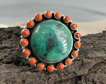 Eleganter Azurit & Koralle Halo Ring, Azurit Turquoise Edelstein in 925 Silber, Einzigartiges Natur-inspiriertes Schmuckstück, Türkis Ringe für Frauen