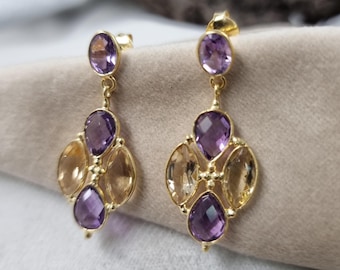 Multi Amethyst Gemstone Earrings, 18k Gold Over 925 Sterling Silver Earrings, Handmade Citrine Earrings, Wedding Jewelry Gift For Her