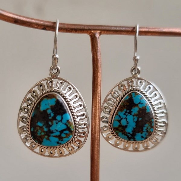 Tibetan Turquoise Earring, 925 Sterling Silver Earring, Handmade Earring, Blue Turquoise Earring, Gift for Mother, Gemstone Earring