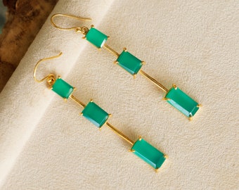 Green Onyx Earrings, 18k Gold Dangle & Drop Earrings for Women, Handmade Statement Earring, Gift For Her, Anniversary Gift, Minimal Jewelery