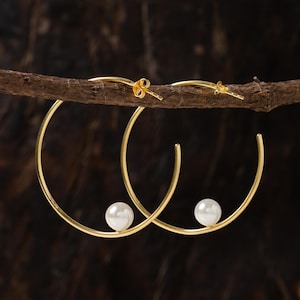 Pearl Hoop Earrings, White Pearl Hoops, Gold Wire Pearl Earrings, 18ct Gold Over Solid 925 Sterling Silver Hoops, valentine gifts