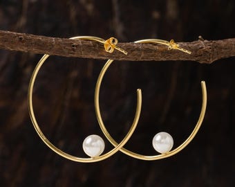 Pearl Hoop Earrings, White Pearl Hoops, Gold Wire Pearl Earrings, 18ct Gold Over Solid 925 Sterling Silver Hoops, valentine gifts