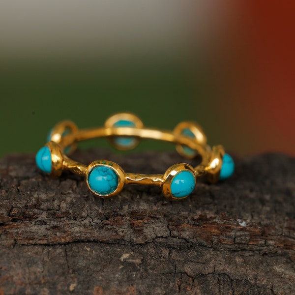 Trendy Turquoise Stacking Band - Elegant Gold Band - Perfect Gift Idea, Eternity Band, Gold Wedding Band,  Art Deco Band, Anniversary Gift